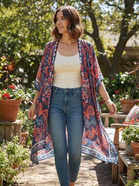 NEW Moss Rose Kimono Open Tunic Top Blue Orange Red Boho Hippie Wrap Coverup OS